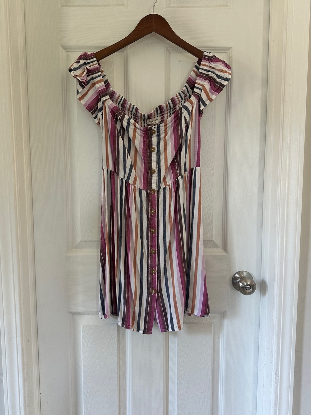 Aeropostale Striped Off-Shoulder Button-Front Tunic in Pink, Navy, Brown, Cream